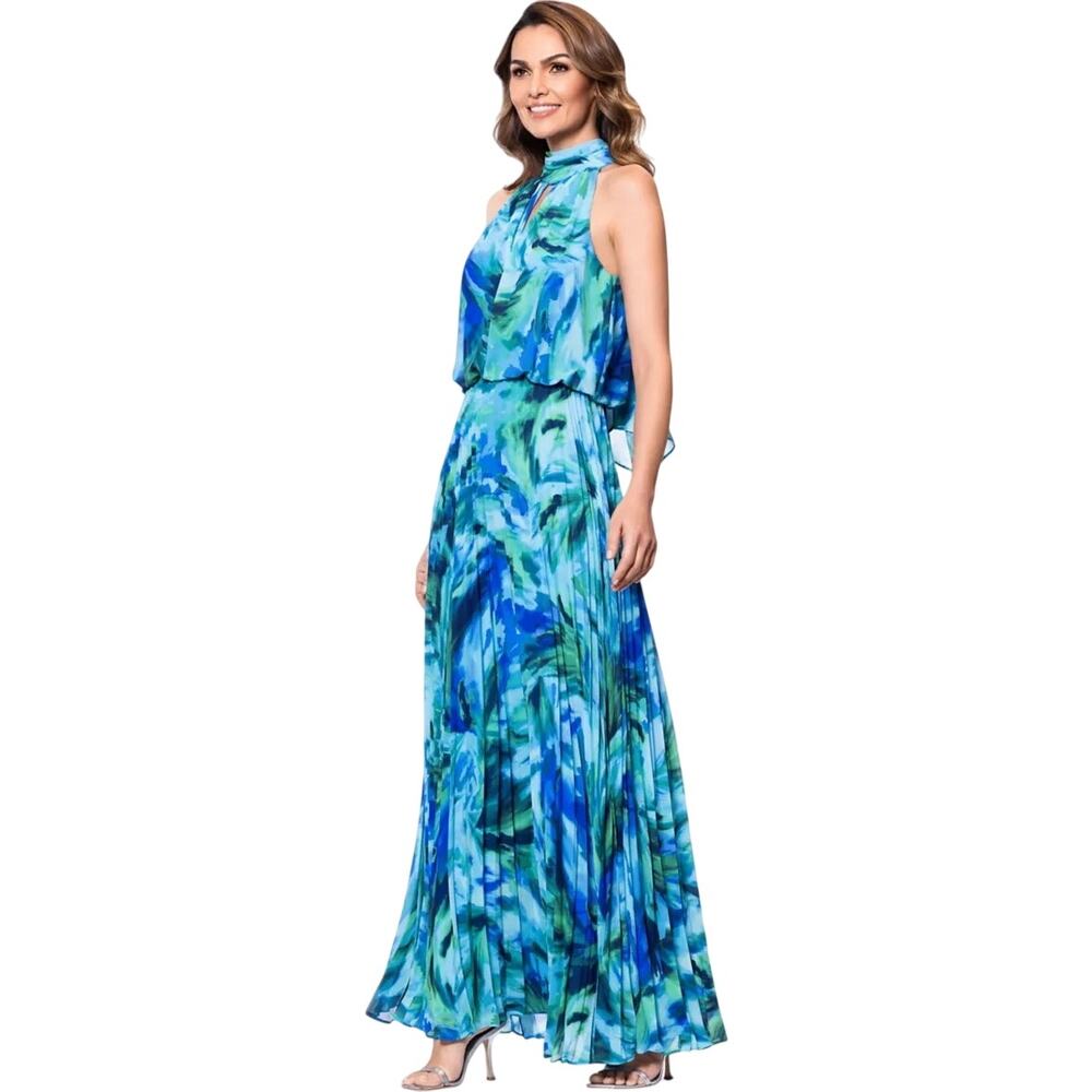 Xscape Halter Mock Neck Floral Printed Chiffon Turquoise Navy Blue Gown Size 10